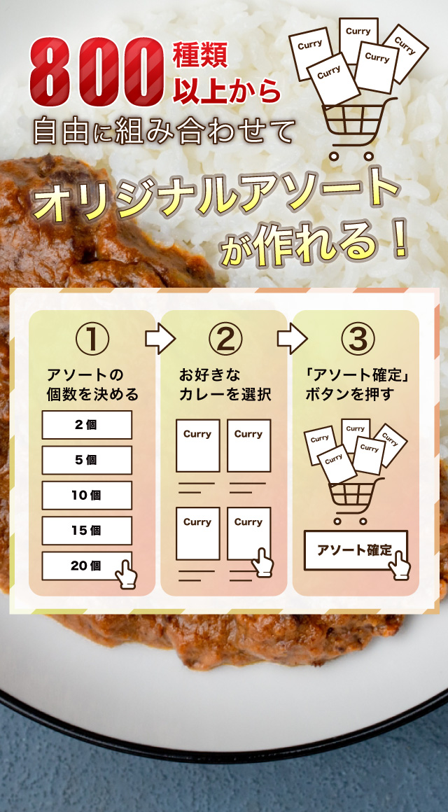 800種類以上のレトルトカレーから自由に組み合わせてオリジナルアソートが作れます。